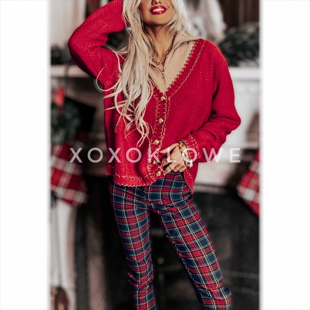 POL Red Button Front Cardigan with Sparkly Gold Trim - Picture 7 of 15